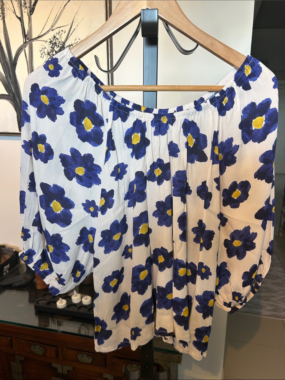 Women’s linen likeWhite/blue/yellow Floral Off-Shoulder Blouse. Balloon sleeves